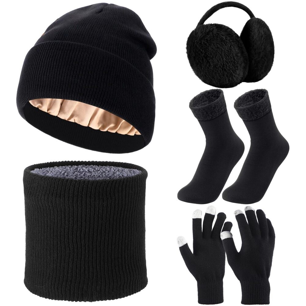 9766 5 Pcs Winter Hat Scarf Gloves Set Knit Satin Lined Pompom Beanie Warm